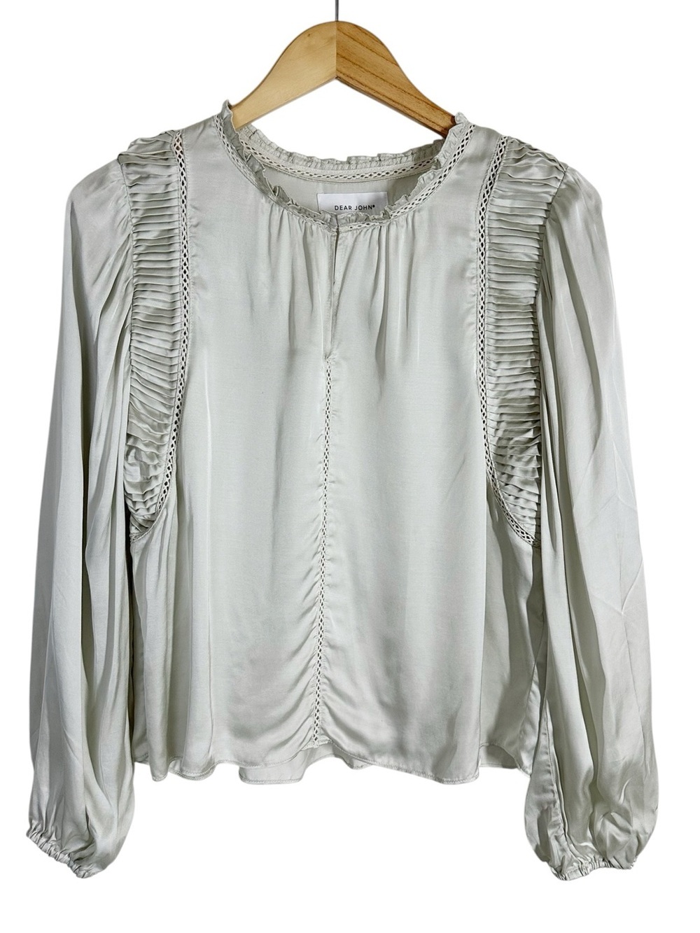 Dear John Light Gray Ruffle-Trim Long Sleeve Blouse Size Medium
